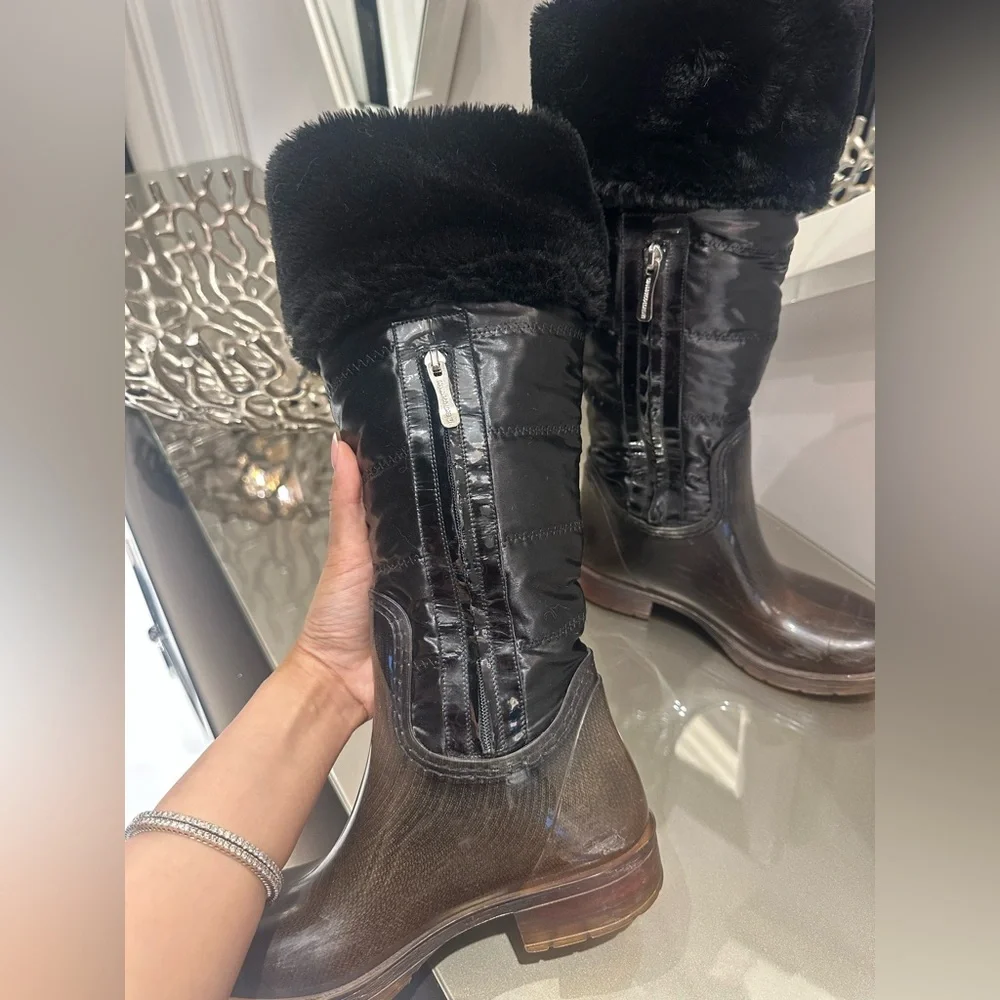 Gianmarco Lorenzi Luxury Italian Designer Faux Fur Trim Lining Rain Boots- 37